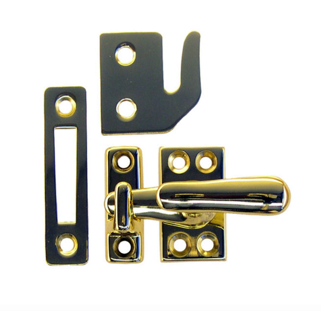 Classic Solid Unlaquered Brass Casement Window Latch w/ Three Strikes - Purdy Hardware - Hooks
