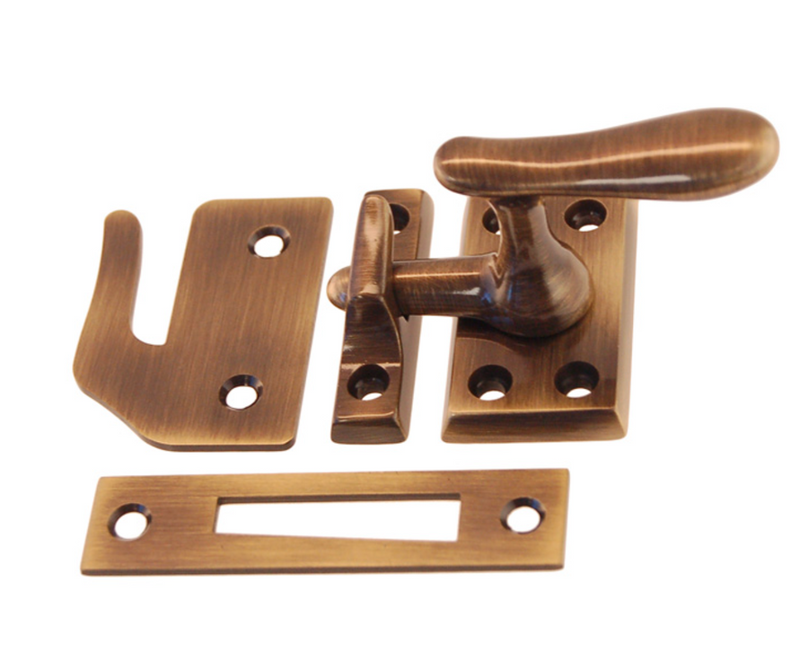 Casement window latch with 3 strikes | Antique Brass - Purdy Hardware - Hooks