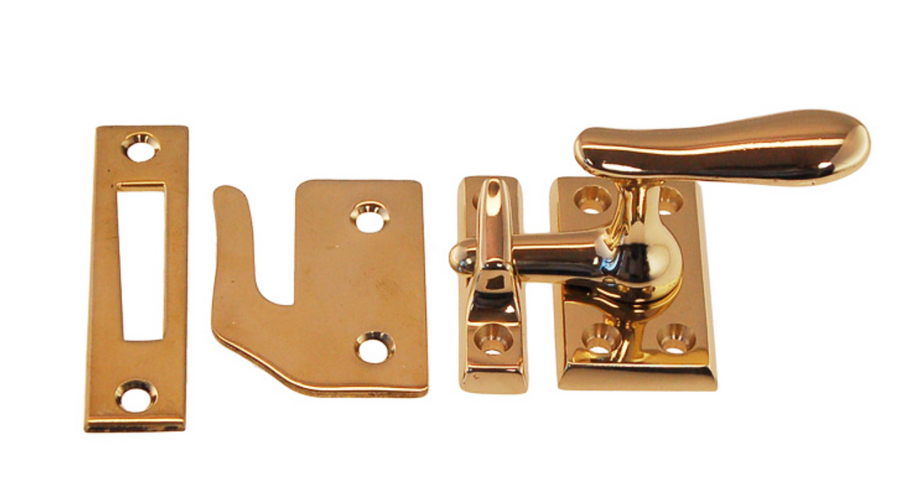Casement window latch with 3 strikes | Lacquered Polished Brass - Purdy Hardware - Window Lash