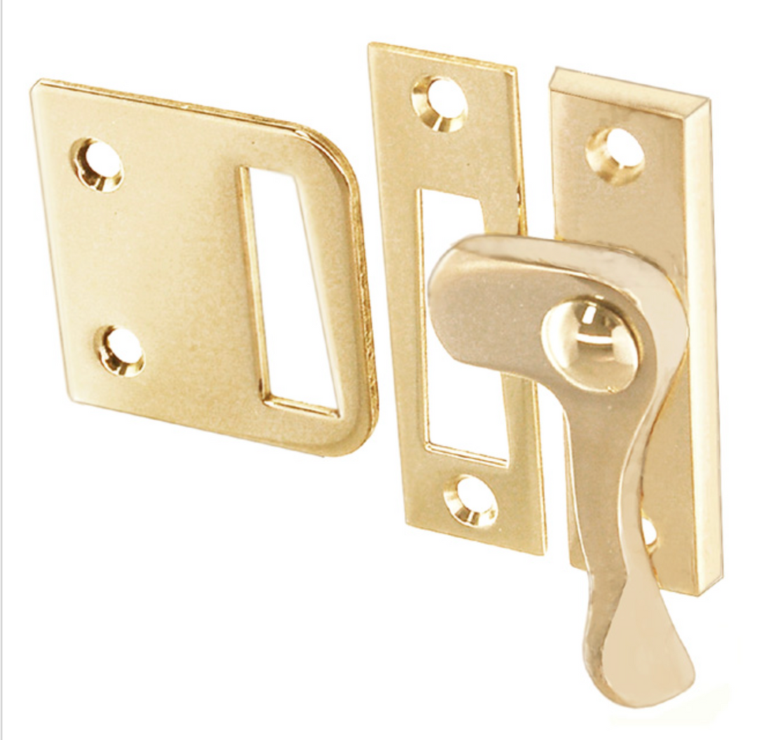 Polished Brass Casement window or storm screen latch with lever handle and 2 strikes - Right - Purdy Hardware -