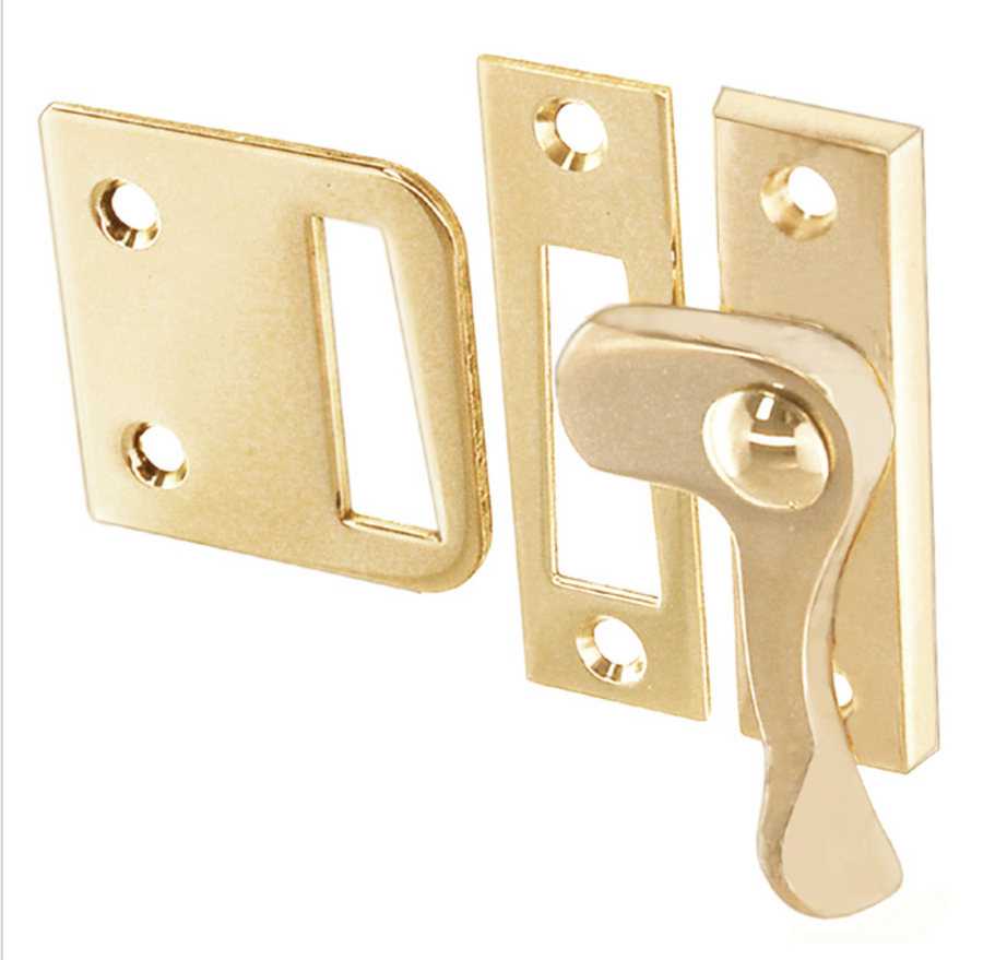 Polished Brass Casement window or storm screen latch with lever handle and 2 strikes - Right - Purdy Hardware -