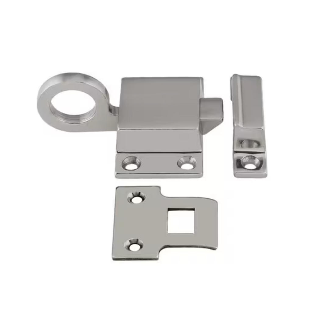 Brushed Nickel Self-Closing Latch for Transom Windows with Box Strike - Purdy Hardware - Latch