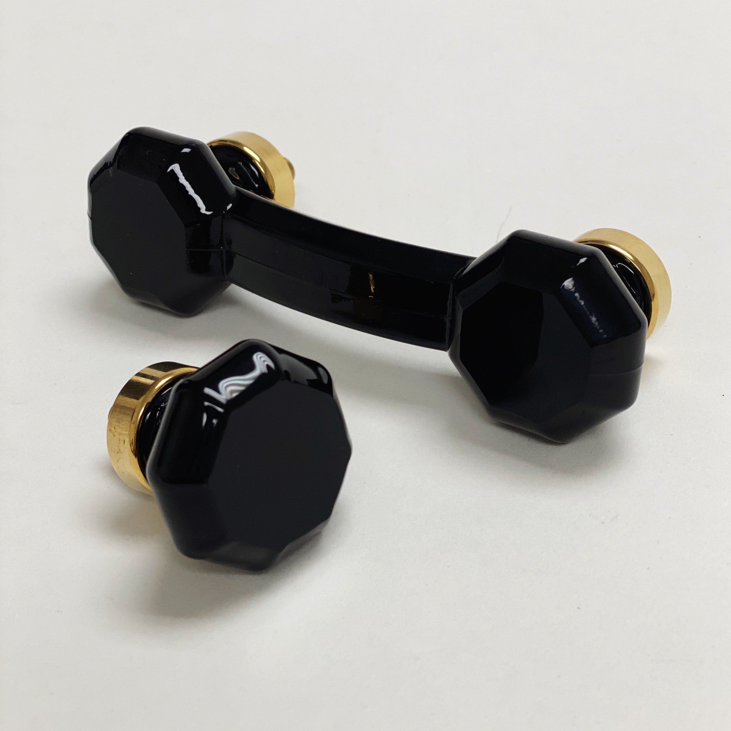 Unlacquered Polished Brass and Black Glass Cabinet Knob and Drawer Pull Knob