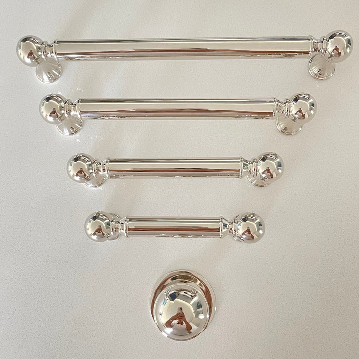 Polished Nickel Transitional "Queen" Cabinet Knob and Pulls, Drawer Pull, Kitchen Cabinet Hardware