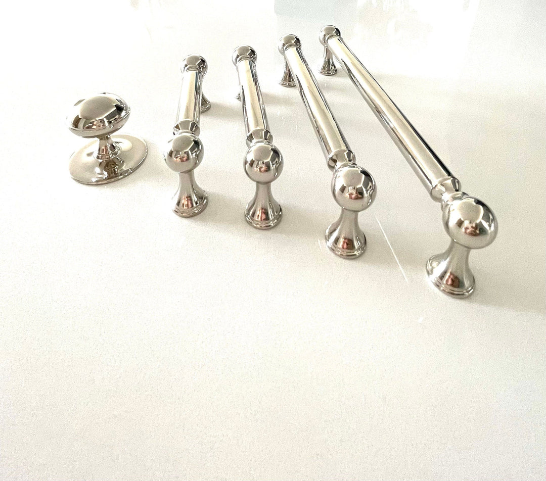 Polished Nickel Transitional "Queen" Cabinet Knob and Pulls, Drawer Pull, Kitchen Cabinet Hardware