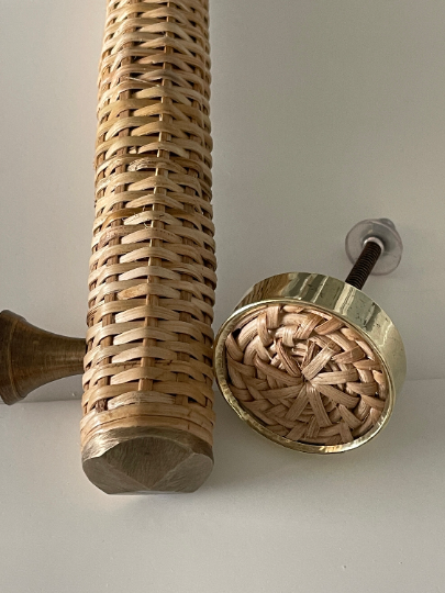 Round Brass and Rattan "Merri" Cabinet Knob - Purdy Hardware - Knobs