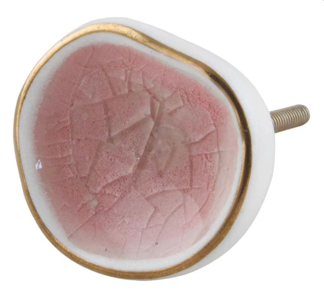 Pretty Glass Ceramic Gold Detail Crackle Pink White Drawer Knob - Purdy Hardware - 