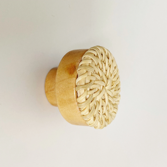 Round Wood and Cream Color Rattan "Sasha" Round Cabinet Knob - Purdy Hardware - Knobs