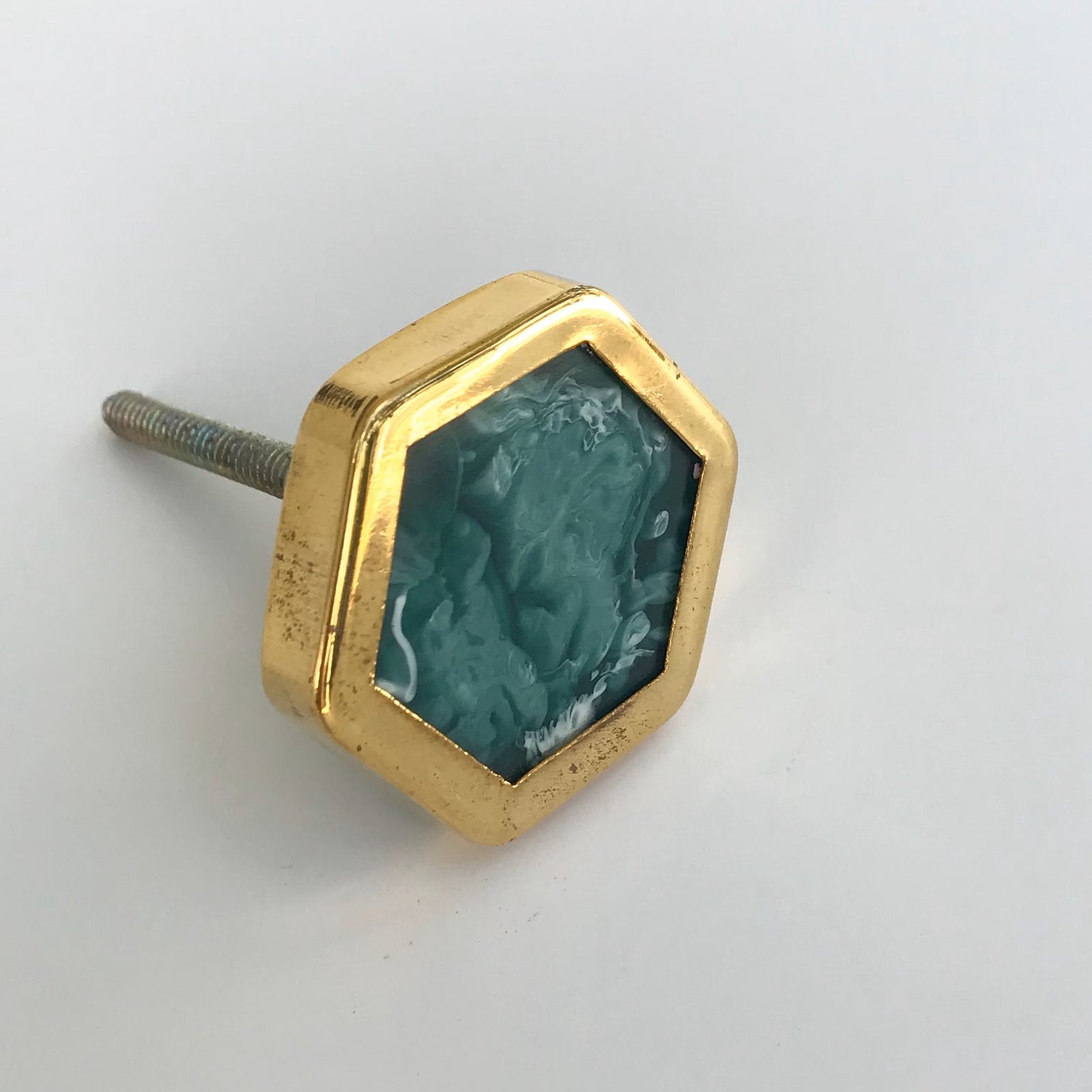 Brass Cabinet Knobs Rustic Green Hexagon Cabinet Knob 1-1/2" w/Brass Details - Purdy Hardware - 