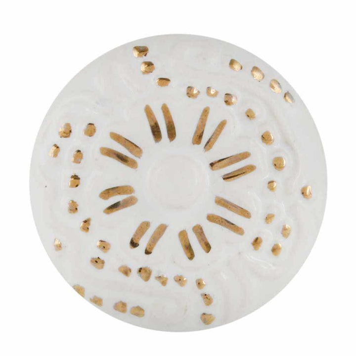 White and Gold Design "Sunshine" Ceramic Round Cabinet Knob - Purdy Hardware - 