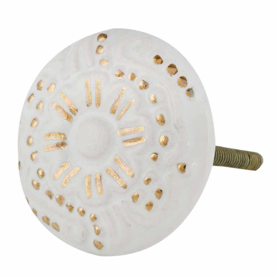 White and Gold Design "Sunshine" Ceramic Round Cabinet Knob - Purdy Hardware - 