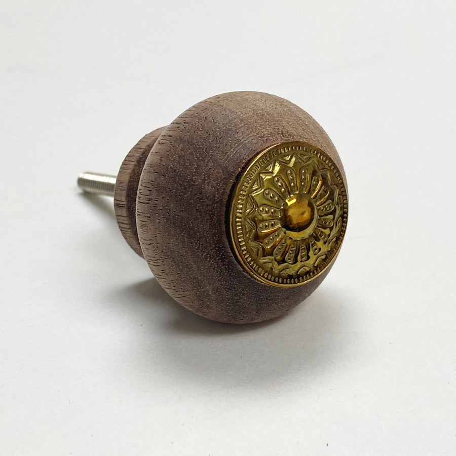 Walnut Wood and Polished Brass Plate Round Cabinet Drawer Furniture Knob - Purdy Hardware - Knobs