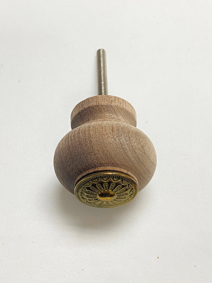 Walnut Wood and Polished Brass Plate Round Cabinet Drawer Furniture Knob - Purdy Hardware - Knobs