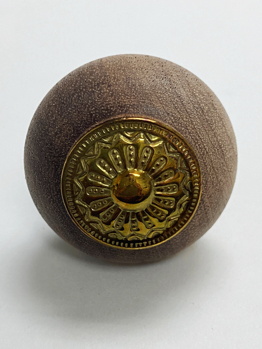 Walnut Wood and Polished Brass Plate Round Cabinet Drawer Furniture Knob - Purdy Hardware - Knobs