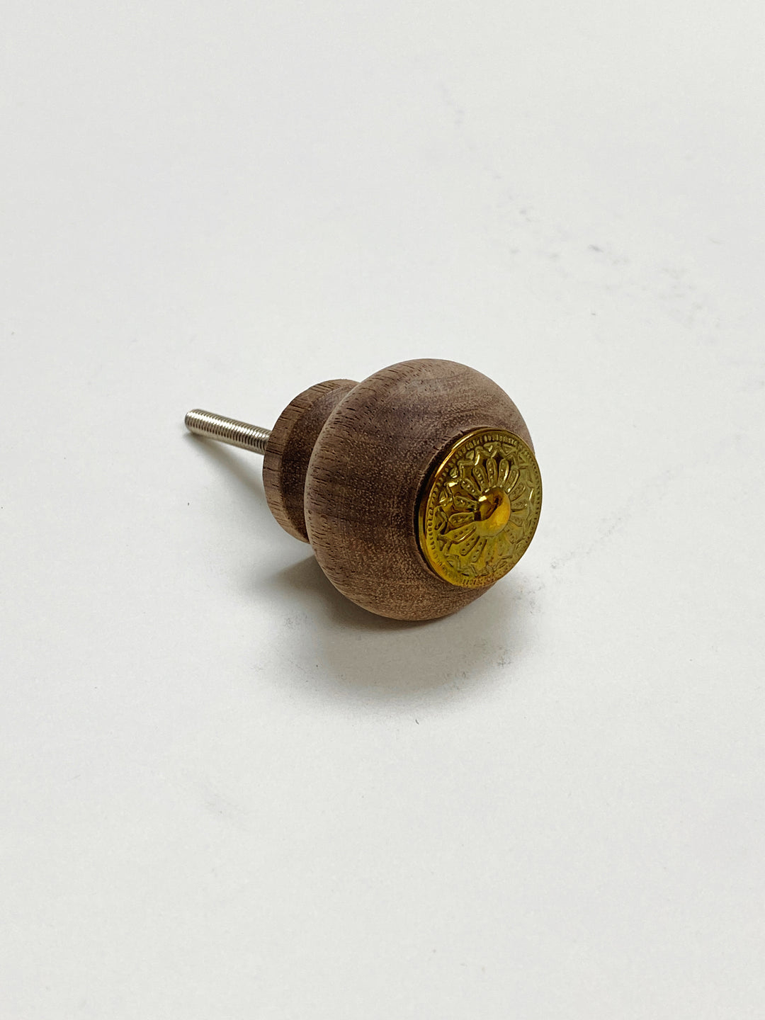 Walnut Wood and Polished Brass Plate Round Cabinet Drawer Furniture Knob - Purdy Hardware - Knobs