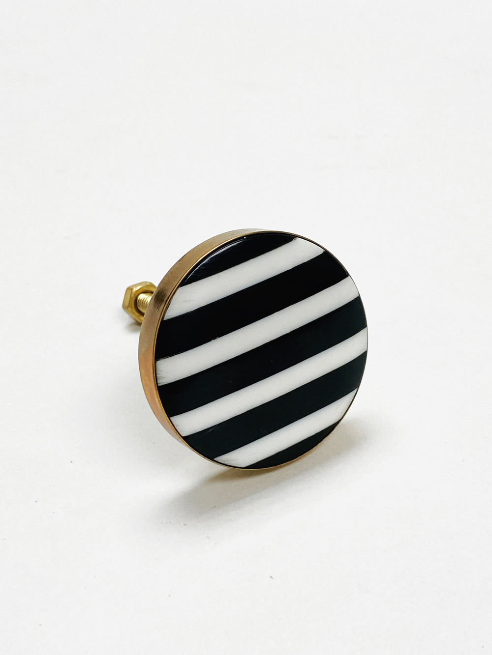 Black & White Stripe  w/Brass Frame Cabinet Knob - Purdy Hardware - 