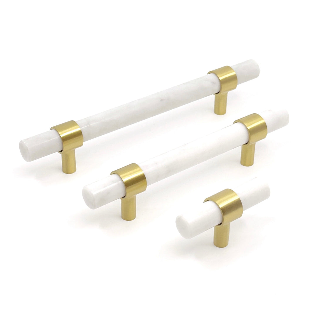 Pearly Luxe White Marble &amp; Brass Cabinet Handles and Knobs