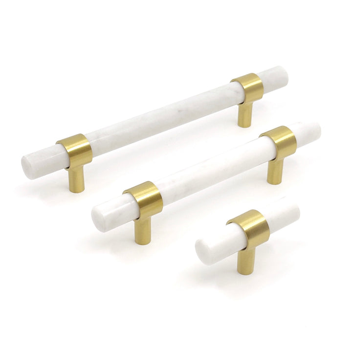 Pearly Luxe White Marble &amp; Brass Cabinet Handles and Knobs