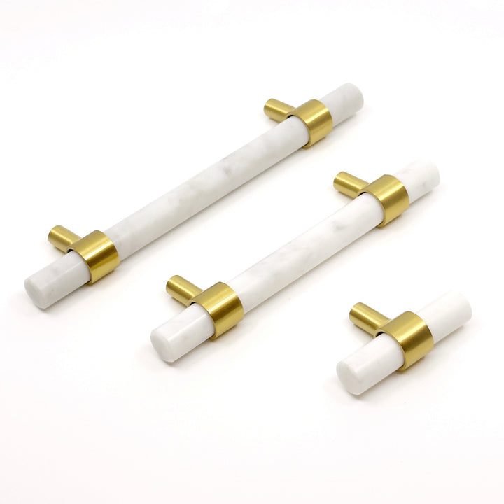 Pearly Luxe White Marble &amp; Brass Cabinet Handles and Knobs