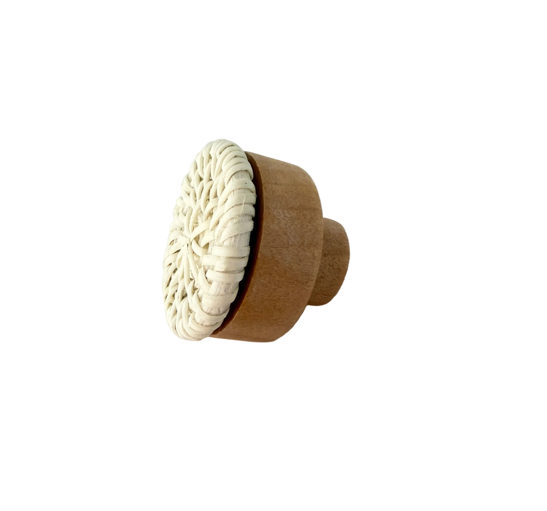 Round Wood and White Color Rattan "Sasha" Round Cabinet Knob