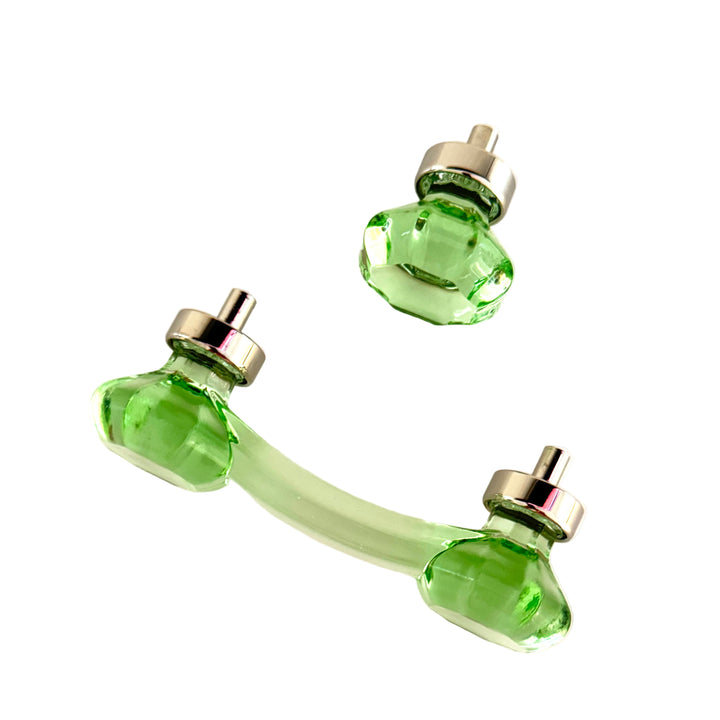 Polished Nickel and Green Glass Cabinet Knob and Drawer Pull