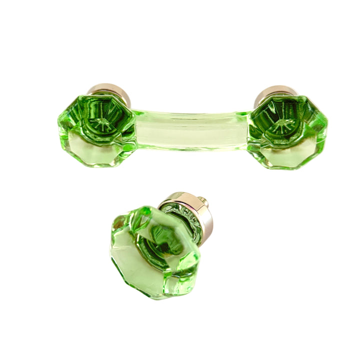 Polished Nickel and Green Glass Cabinet Knob and Drawer Pull