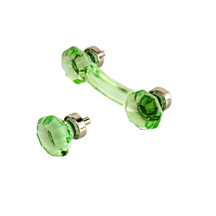 Polished Nickel and Green Glass Cabinet Knob and Drawer Pull