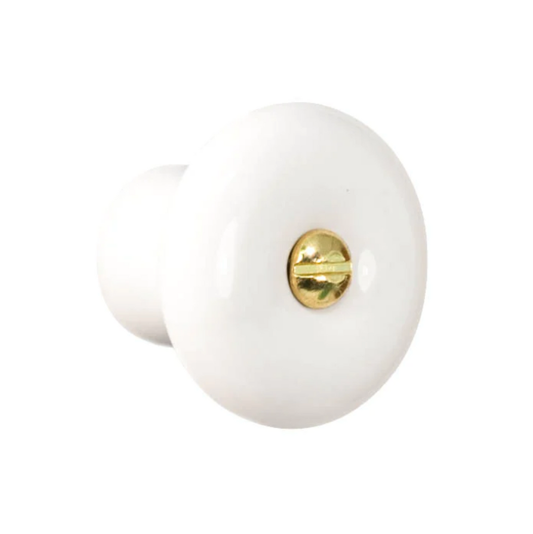 White Porcelain Round "Sofia" Knob with Brass Screw - Purdy Hardware - 