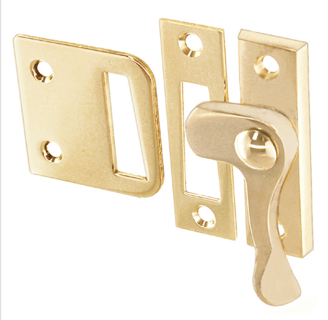 Polished Brass Casement window or storm screen latch with lever handle and 2 strikes - Right