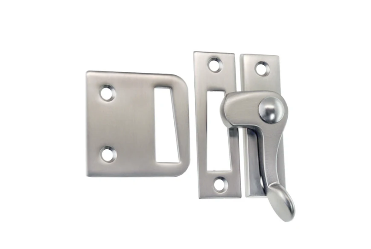 Brushed Nickel Casement window or storm screen latch with lever handle and 2 strikes - Right - Purdy Hardware - 