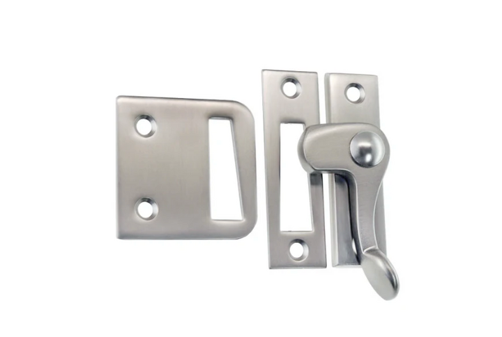 Brushed Nickel Casement window or storm screen latch with lever handle and 2 strikes - Right