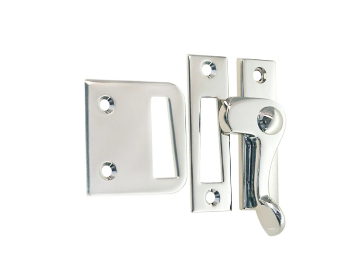 Polished Nickel Casement window or storm screen latch with lever handle and 2 strikes - Right