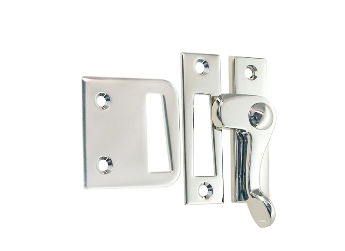 Polished Nickel Casement window or storm screen latch with lever handle and 2 strikes - Right - Purdy Hardware - 