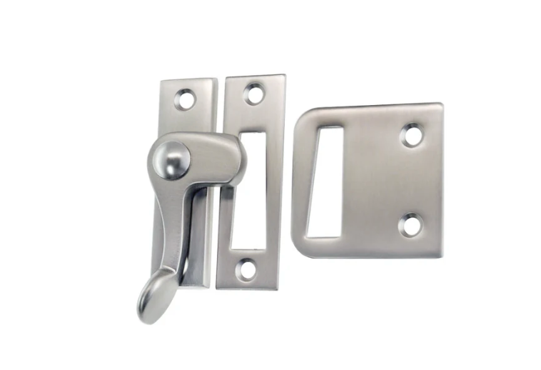 Brushed Nickel Casement window or storm screen latch with lever handle and 2 strikes - Left