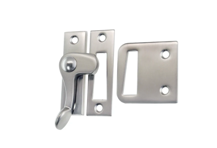 Brushed Nickel Casement window or storm screen latch with lever handle and 2 strikes - Left - Purdy Hardware - 