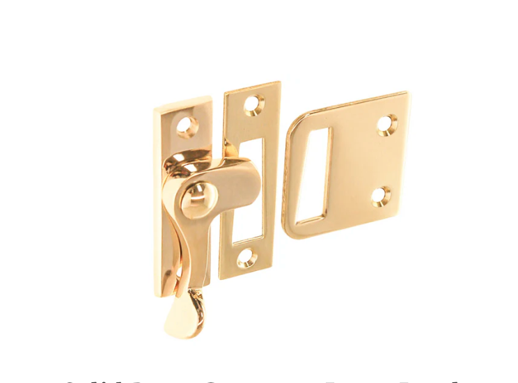 Polished Brass Casement window or storm screen latch with lever handle and 2 strikes - Left