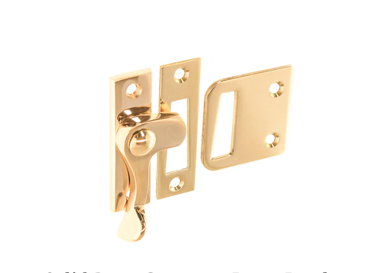 Polished Brass Casement window or storm screen latch with lever handle and 2 strikes - Left - Purdy Hardware - 