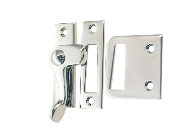 Polished Nickel Casement window or storm screen latch with lever handle and 2 strikes - Left