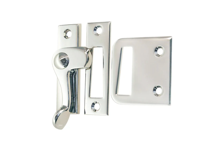 Polished Nickel Casement window or storm screen latch with lever handle and 2 strikes - Left - Purdy Hardware - 