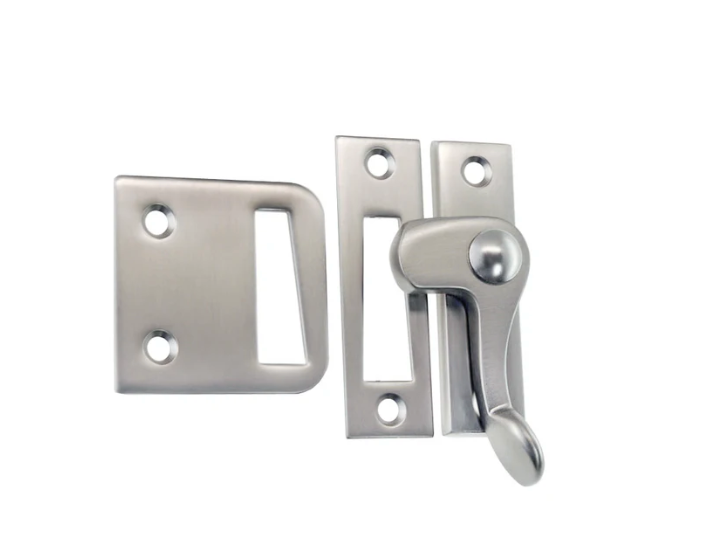 Brushed Nickel Casement window or storm screen latch with lever handle and 2 strikes - Right - Purdy Hardware - 