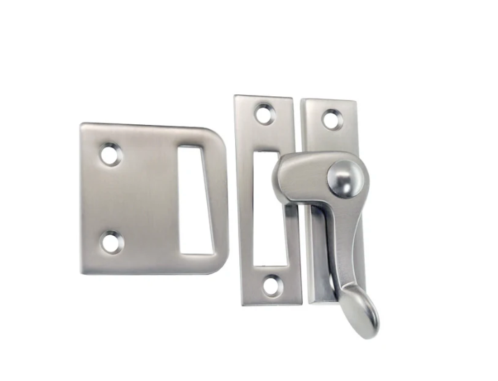 Brushed Nickel Casement window or storm screen latch with lever handle and 2 strikes - Right