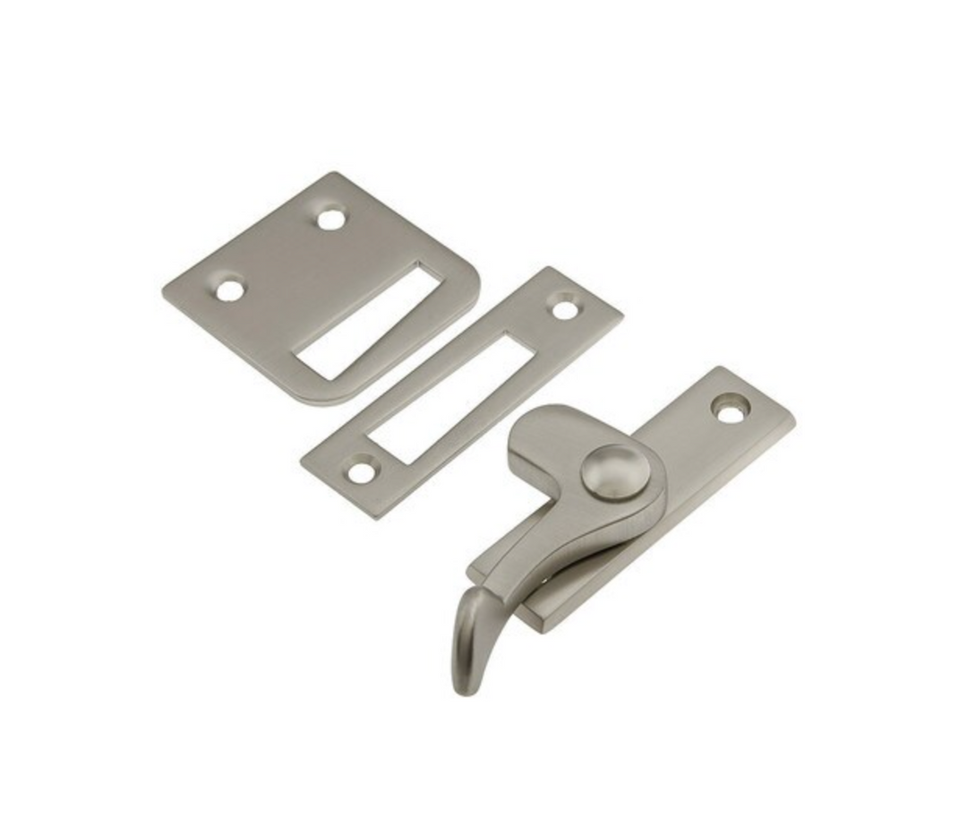 Brushed Nickel Casement window or storm screen latch with lever handle and 2 strikes - Right