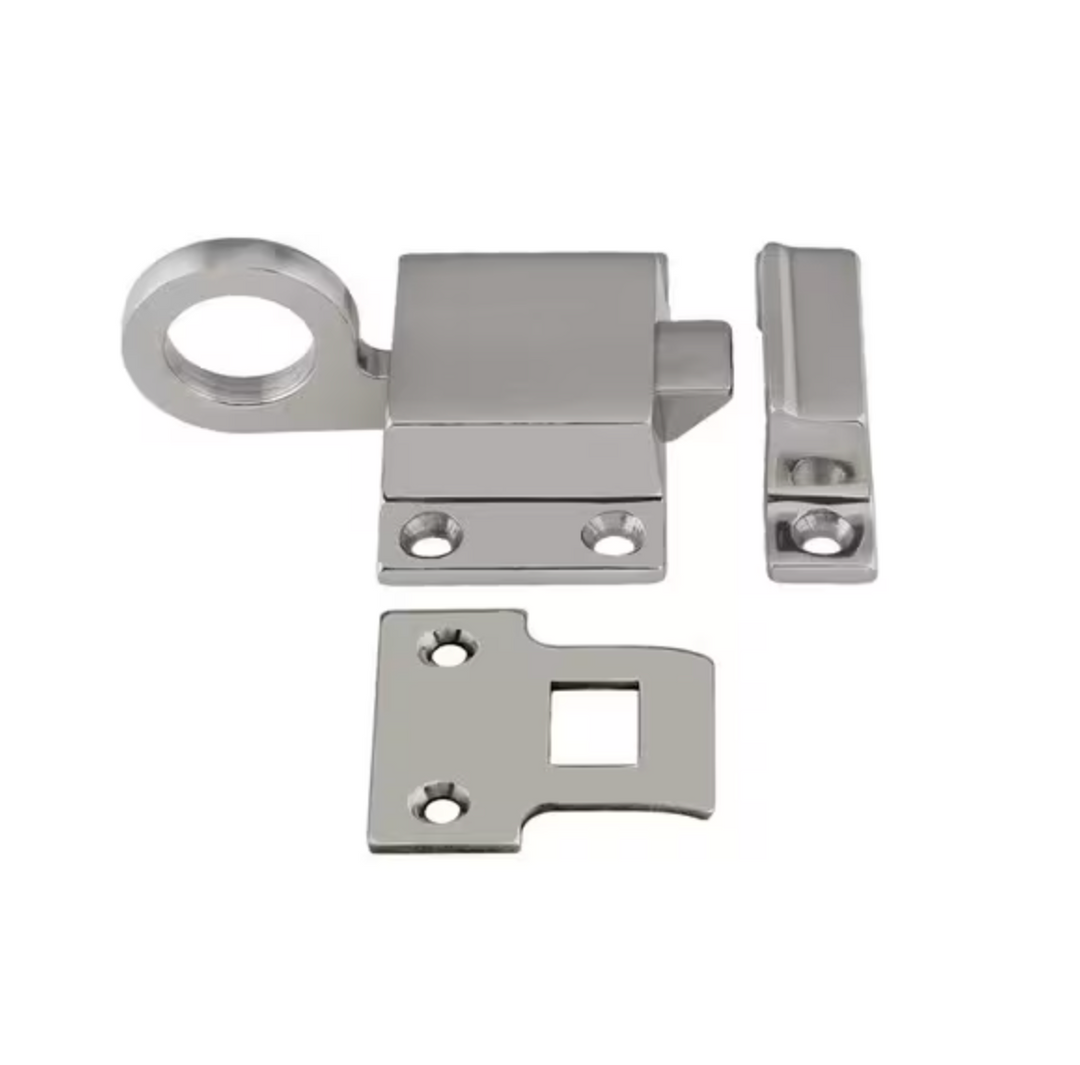 Brushed Nickel Self-Closing Latch for Transom Windows with Box Strike