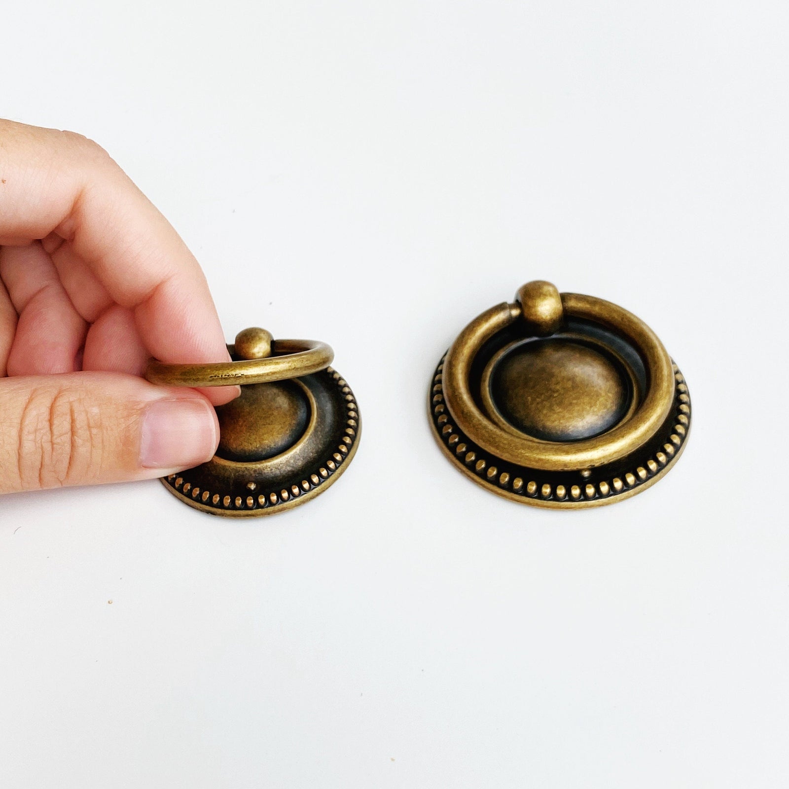 Antique Brass "Dots" Ring Pull and Cabinet Knob - Purdy Hardware - Bail Ring Pull