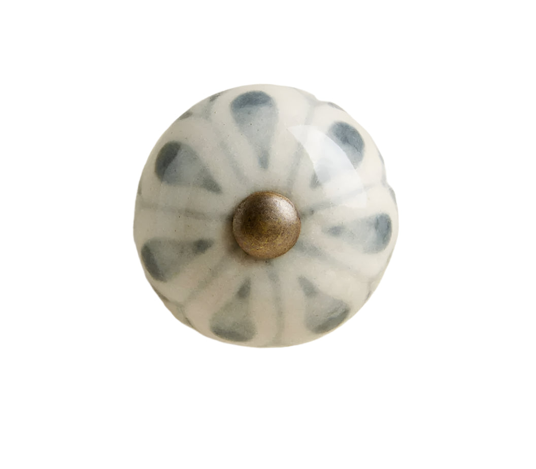 Dusty Blue Flower Ceramic Drawer Knob w/Antique Brass accent Cabinet Knob - Purdy Hardware - Knobs