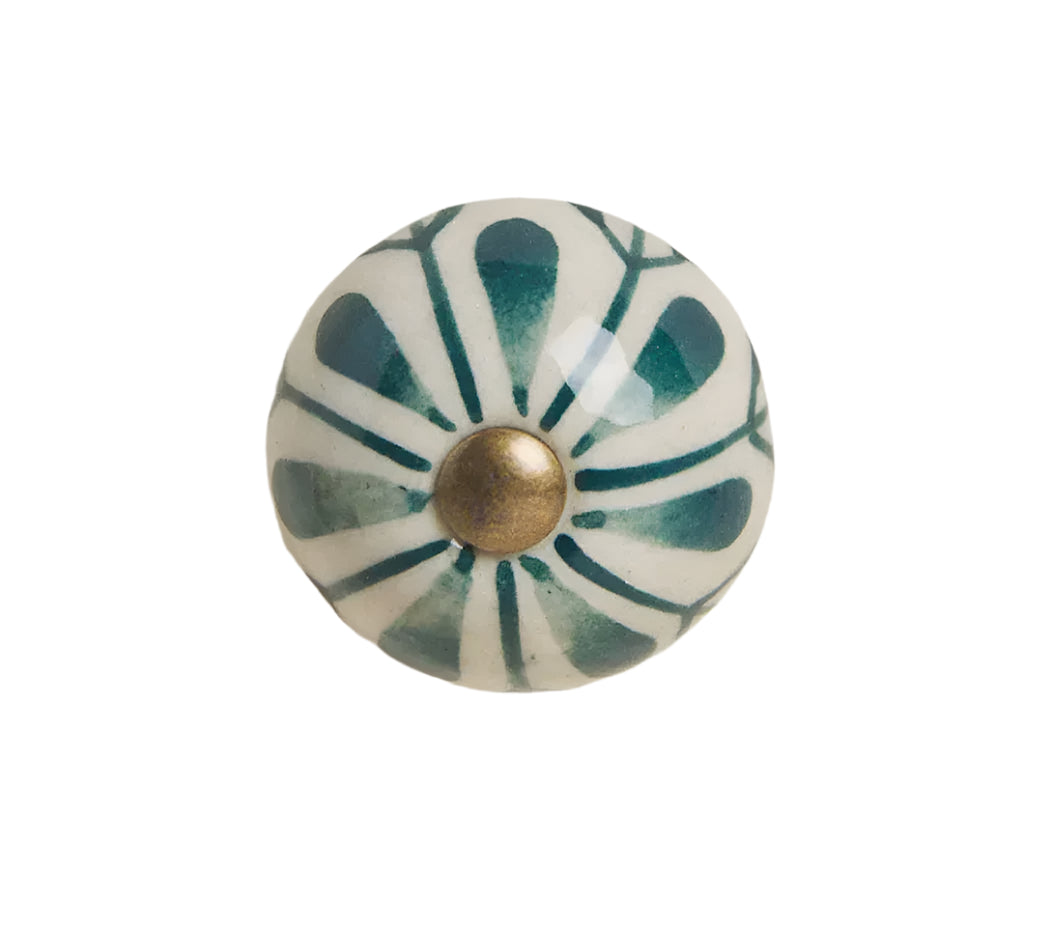 Dusty Green Flower Ceramic Drawer Knob w/Antique Brass accent Cabinet Knob - Purdy Hardware - Knobs