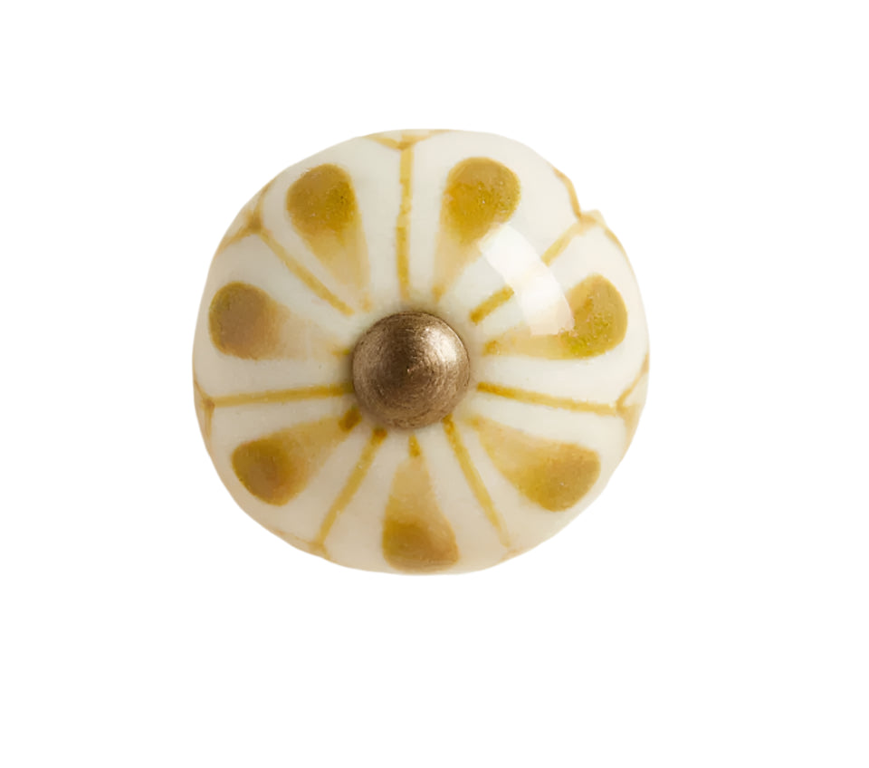 Dusty Old Gold Flower Ceramic Drawer Knob w/Antique Brass accent Cabinet Knob - Purdy Hardware - Knobs