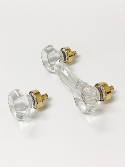 Unlacquered Polished Brass and Clear Glass Cabinet Knob and Drawer Pull - Purdy Hardware - 