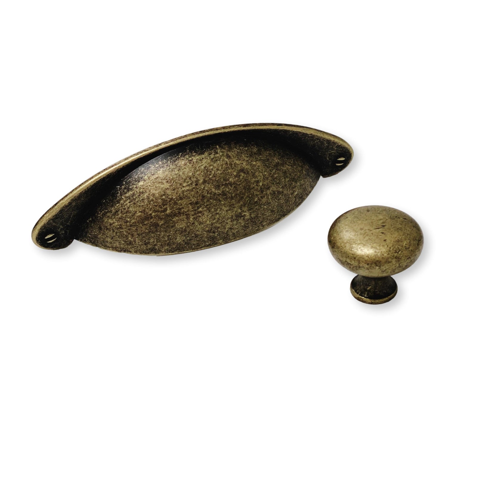 Antique Brass "Nadia" Round Cabinet Knob and Cup Drawer Pull - Purdy Hardware - 