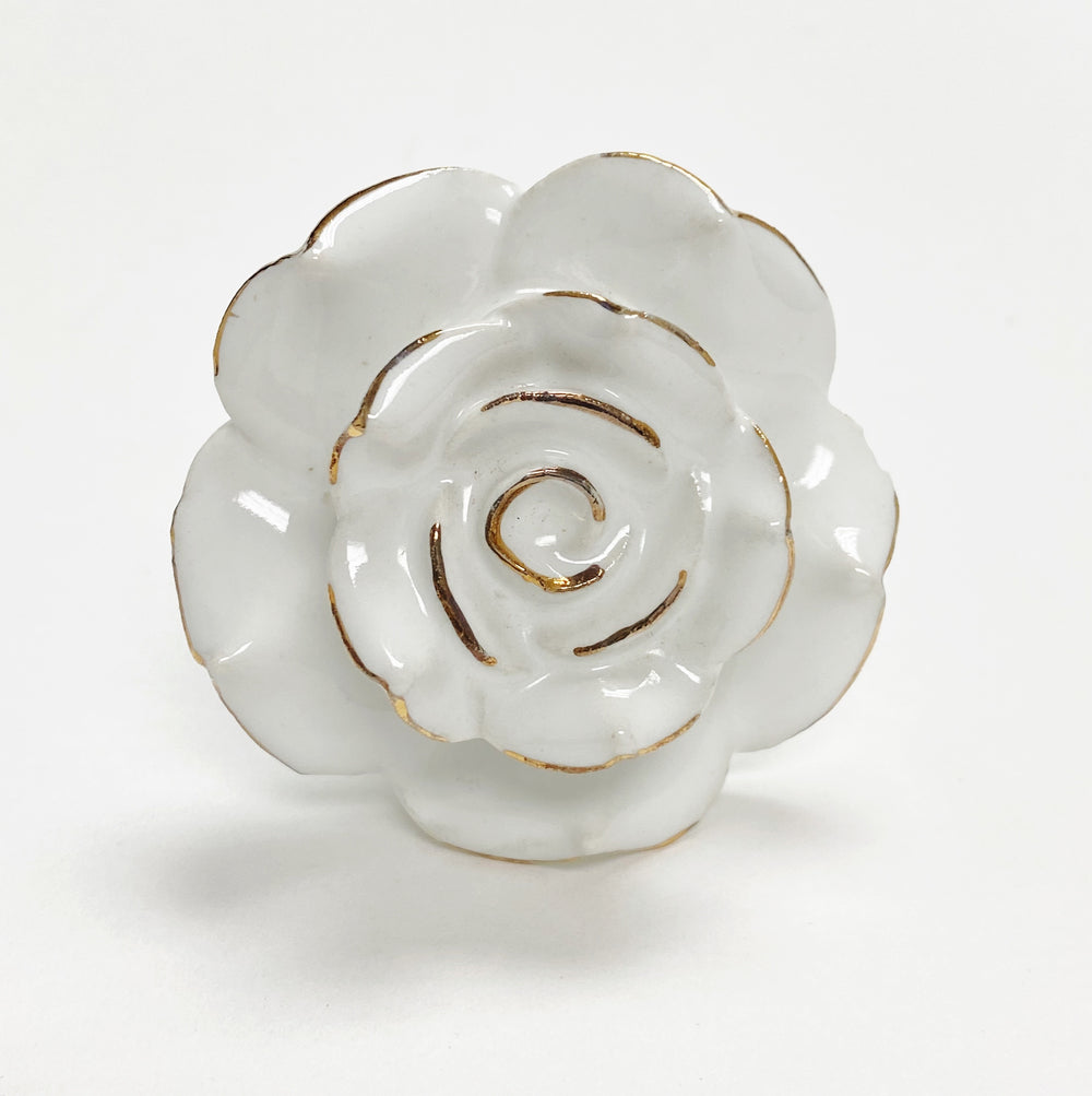 Ceramic White and Golden Finish lines "Rosie" Cabinet Knob - Purdy Hardware - 
